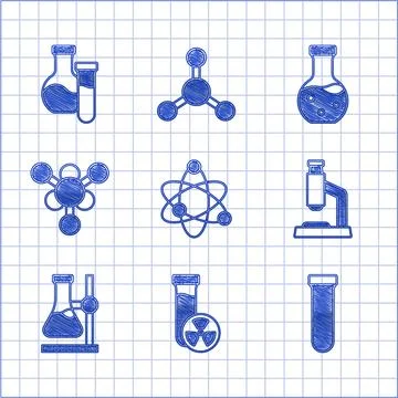 Set Atom, Test tube with toxic liquid, Microscope, flask on stand, Molecule, and Stock Illustration