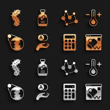 Set Atom, Thermometer, Data visualisation, Calculator, Earth globe, Chemical Illustrazione stock