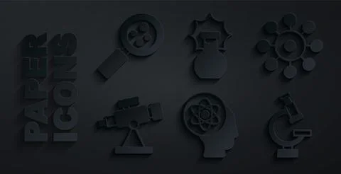 Set Atom, Virus, Telescope, Microscope, Explosion in the flask and Illustrazione stock