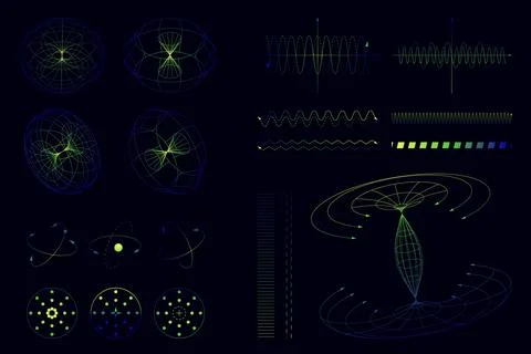 Set of atomic models, waveforms, geometric grids, and electron orbit diagrams in Illustrazione stock