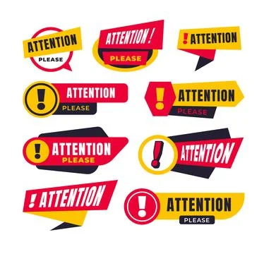Set of Attention banner set collection, Attention red paper speech bubble. .. Stock Illustration