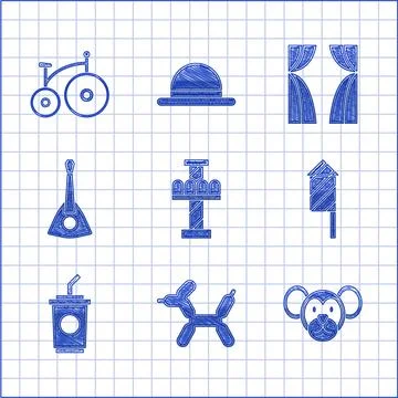 Set Attraction carousel, Balloon dog, Monkey, Firework rocket, Paper glass with Stock Illustration