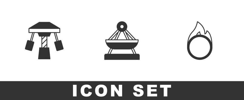Set Attraction carousel, Boat swing and Circus fire hoop icon. Vector Stock-Illustration