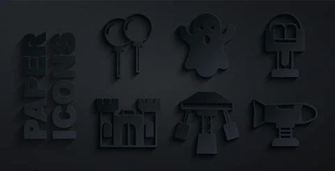 Set Attraction carousel, Castle, Swing plane, Ghost and Balloons with ribbo.. Illustrazione stock