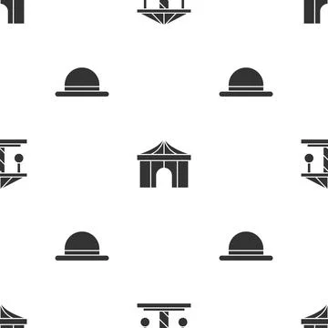 Set Attraction carousel, Circus tent and Clown hat on seamless pattern. Vector Stock Illustration