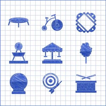 Set Attraction carousel Classic dart board and arrow Drum with drum sticks Co Stock Illustration