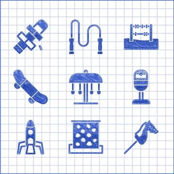 Set Attraction carousel, Climbing wall, Toy horse, Trash can, Rocket ship Ilustración de archivo