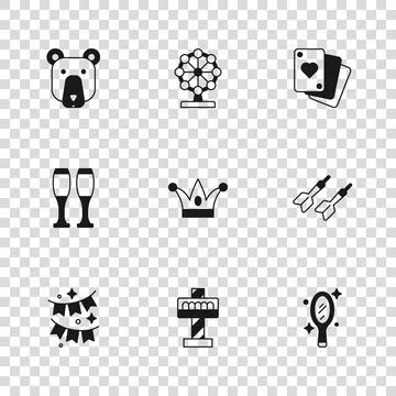 Set Attraction carousel, Dart arrow, Magic hand mirror, Jester hat with bel.. Stock Illustration