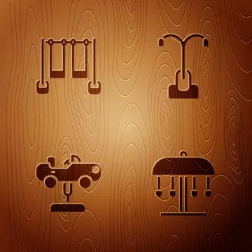 Set Attraction carousel, Double swing, Swing and Street light on wooden Stock Illustration