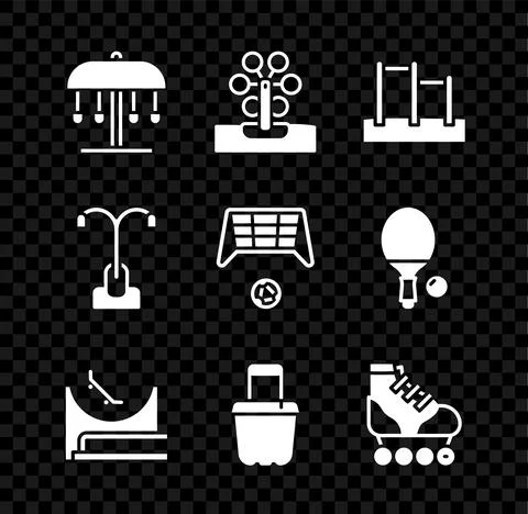 Set Attraction carousel, Ferris wheel, Horizontal bar, Skate park, Sand in Ilustração Stock
