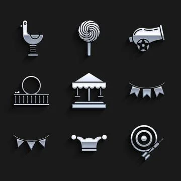 Set Attraction carousel, Jester hat with bells, Classic dart board and arrow Stock Illustration