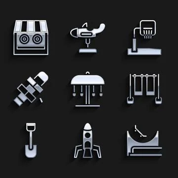 Set Attraction carousel, Rocket ship, Skate park, Double swing, Shovel toy Ilustración de archivo