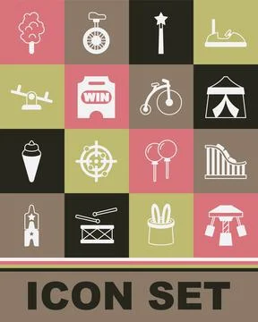 Set Attraction carousel, Roller coaster, Circus tent, Magic wand, ticket, Seesaw Illustrazione stock