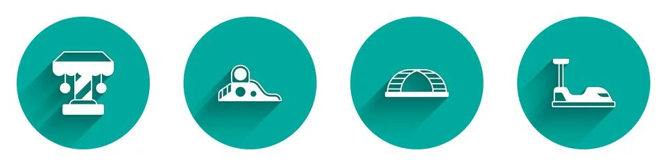 Set Attraction carousel, Slide playground, Monkey bar and Bumper icon with long Stock Illustration