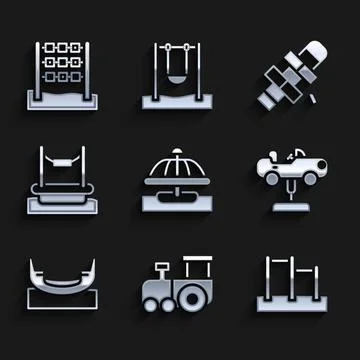 Set Attraction carousel, Toy train, Horizontal bar, Swing, Boat swing, Bung.. Ilustração Stock