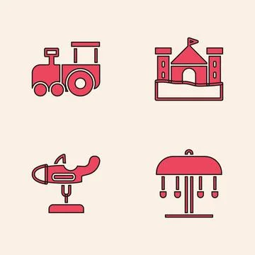 Set Attraction carousel, Toy train, Sand castle and Swing plane icon. Vector Illustrazione stock