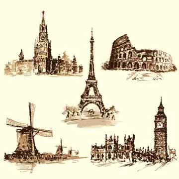 Set attractions, the Kremlin, the Eiffel Tower, the Colosseum, t 스톡 일러스트