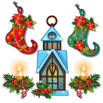 The set of attributes of the new year and Christmas isolated on white background Stock Illustration