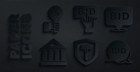 Set Auction hammer, Bid, Museum building,  and Hand holding auction paddle .. Ilustración de archivo