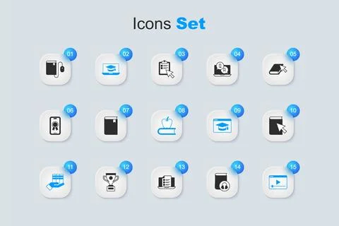 Set Audio book, Book, Graduation cap on laptop, donation, Online play video.. Stock Illustration