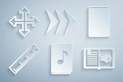 Set Audio book, Book, Ruler, Arrow and Pixel arrows in four directions icon Stock Illustration