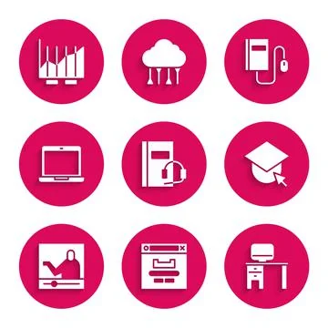 Set Audio book, Browser window, Computer monitor and desk, Graduation cap glo イラスト素材