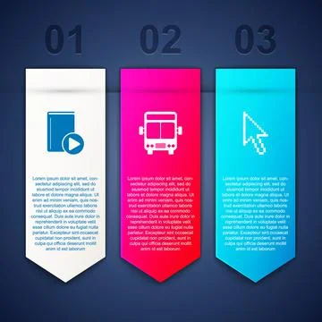 Set Audio book, Bus and Pixel arrow cursor. Business infographic template Stock Illustration