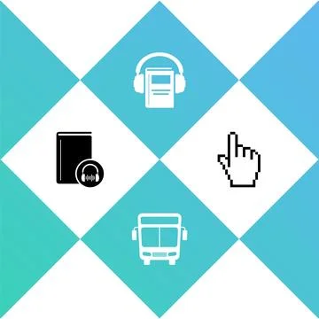 Set Audio book, Bus, and Pixel hand cursor icon. Vector Illustrazione stock