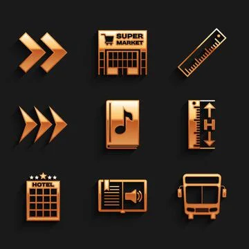 Set Audio book, Bus, Measuring height and length, Hotel building, Arrow, Ruler Ilustración de archivo