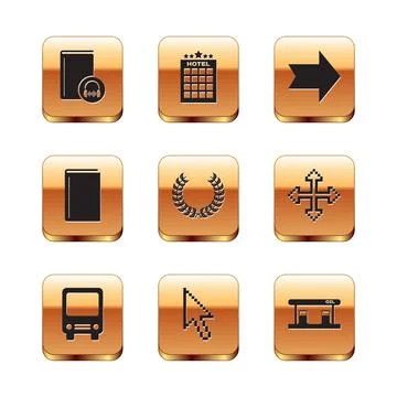Set Audio book, Bus, Pixel arrow cursor, Laurel wreath, Book, Arrow, Gas filling Stock Illustration