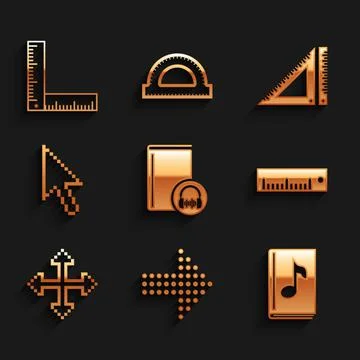 Set Audio book, Dots arrow, Ruler, Pixel arrows in four directions, cursor Illustrazione stock