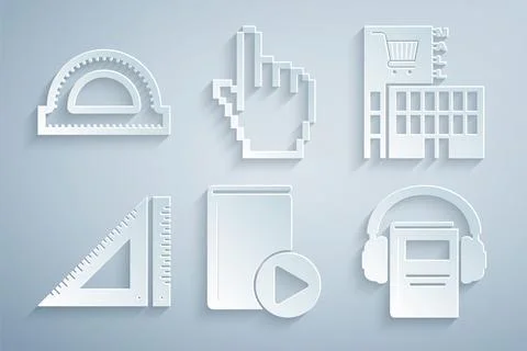 Set Audio book, Mall or supermarket building, Triangular ruler, Pixel hand Ilustración de archivo