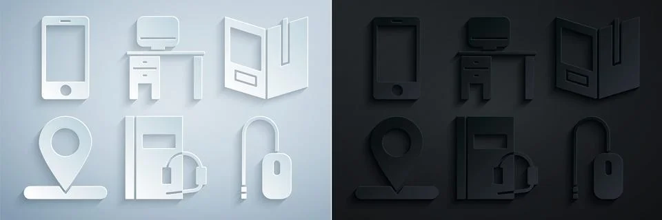 Set Audio book, Open, Location, Computer mouse, monitor and desk and Mobile イラスト素材