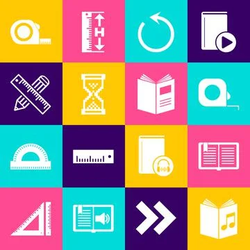 Set Audio book, Open, Roulette construction, Refresh, Hourglass pixel, Crossed Stock Illustration