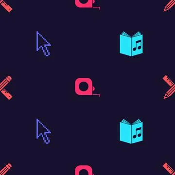 Set Audio book, Pixel arrow cursor, Roulette construction and Crossed ruler and Stock Illustration