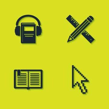 Set Audio book, Pixel arrow cursor, Open and Crossed ruler and pencil icon Illustrazione stock