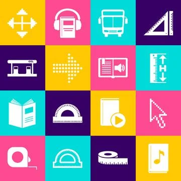 Set Audio book, Pixel arrow cursor, Measuring height and length, Bus, Dots,.. Stock Illustration