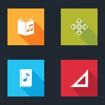 Set Audio book, Pixel arrows in four directions,  and Triangular ruler icon.  Stock Illustration