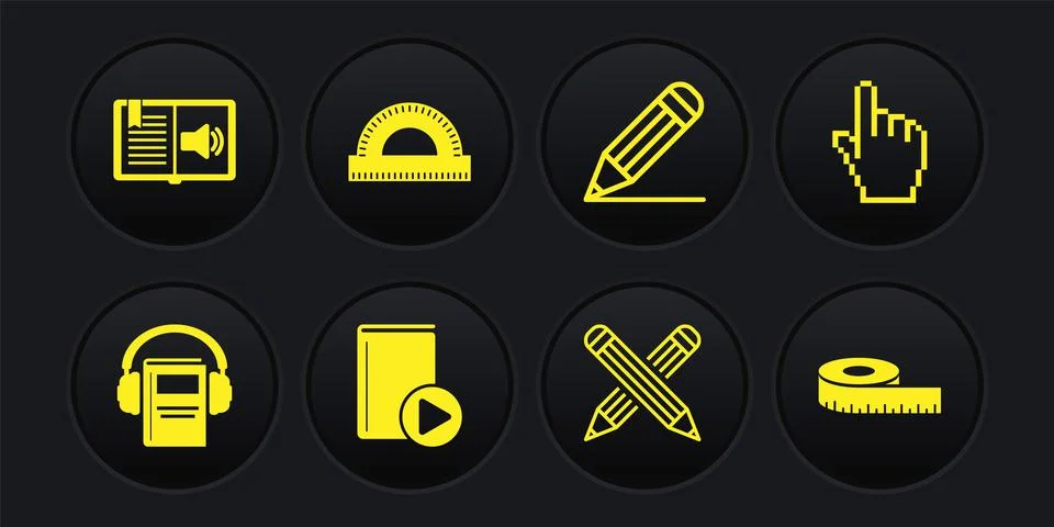 Set Audio book, Pixel hand cursor, Crossed pencil, Pencil line, Protractor grid Stock Illustration