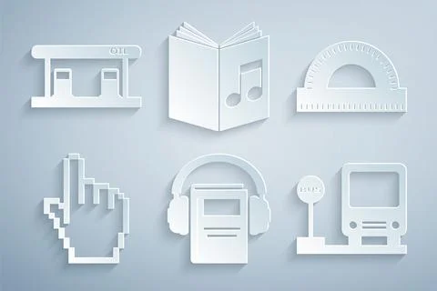 Set Audio book, Protractor grid, Pixel hand cursor, Bus stop, and Gas filling Stock Illustration