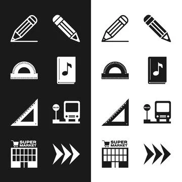 Set Audio book, Protractor grid, Pencil and line, Triangular ruler, Bus stop Illustrazione stock