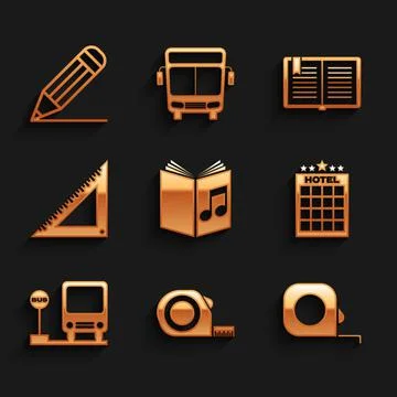 Set Audio book, Roulette construction, Hotel building, Bus stop, Triangular Ilustración de archivo