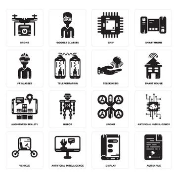 Set of Audio file, Display, Vehicle, Drone, Augmented reality, Telekinesis, V Free Stock Illustration