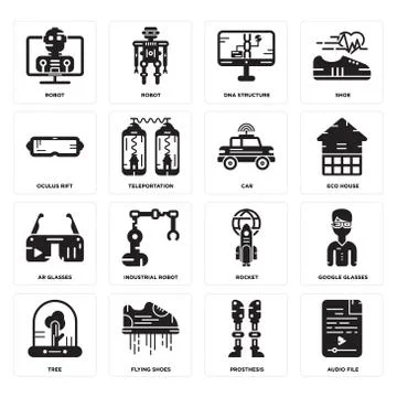 Set of Audio file, Prosthesis, Tree, Rocket, Ar glasses, Car, Oculus rift, Dn Free Stock Illustration
