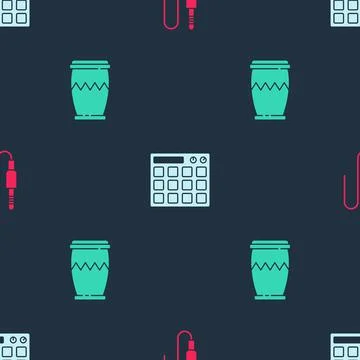 Set Audio jack, Drum machine and on seamless pattern. Vector Stock Illustration