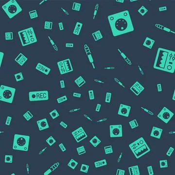Set Audio jack, Drum machine, Record button and on seamless pattern. Vector Stock Illustration