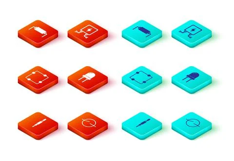 Set Audio jack, Electric circuit scheme, Light emitting diode, transformer and Stock Illustration