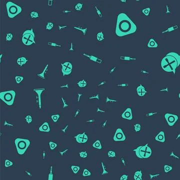 Set Audio jack, Guitar pick, Drum and drum sticks and  on seamless pattern... Stock Illustration