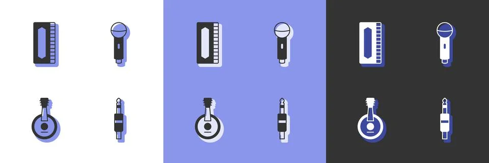 Set Audio jack, Harmonica, Banjo and Microphone icon. Vector Illustrazione stock
