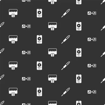Set Audio jack, Music note, tone, wave equalizer and player on seamless pattern Illustrazione stock